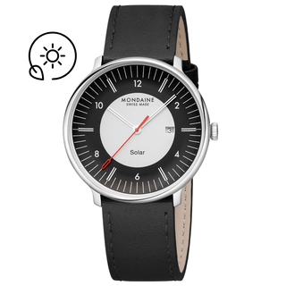 A black analog watch with a solar indicator on the dial and a black vegan grape leather strap. The watch has a silver case with a double domed sapphire crystal glass.