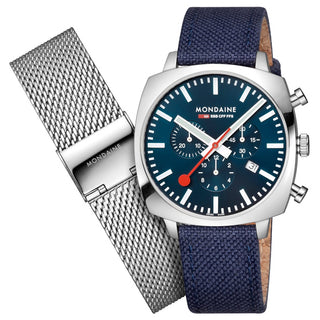 Cushion, 41MM, Deep Ocean Blue sustainable Watch, MSL.41440.LD.SET, Front view of the watch with the original strap and the additional strap.