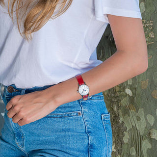 evo2, 26 mm, red vegan grape leather watch, MSE.26110.LCV, Mood image with wrist watch worn