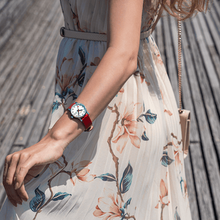 evo2, 30 mm, red vegan grape leather watch, MSE.30210.LCV, Mood image with wrist watch worn