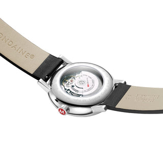 evo2 Automatic, 40 mm, black vegan grape leather watch, MSE.40610.LBV, Case back view with SBB engraving