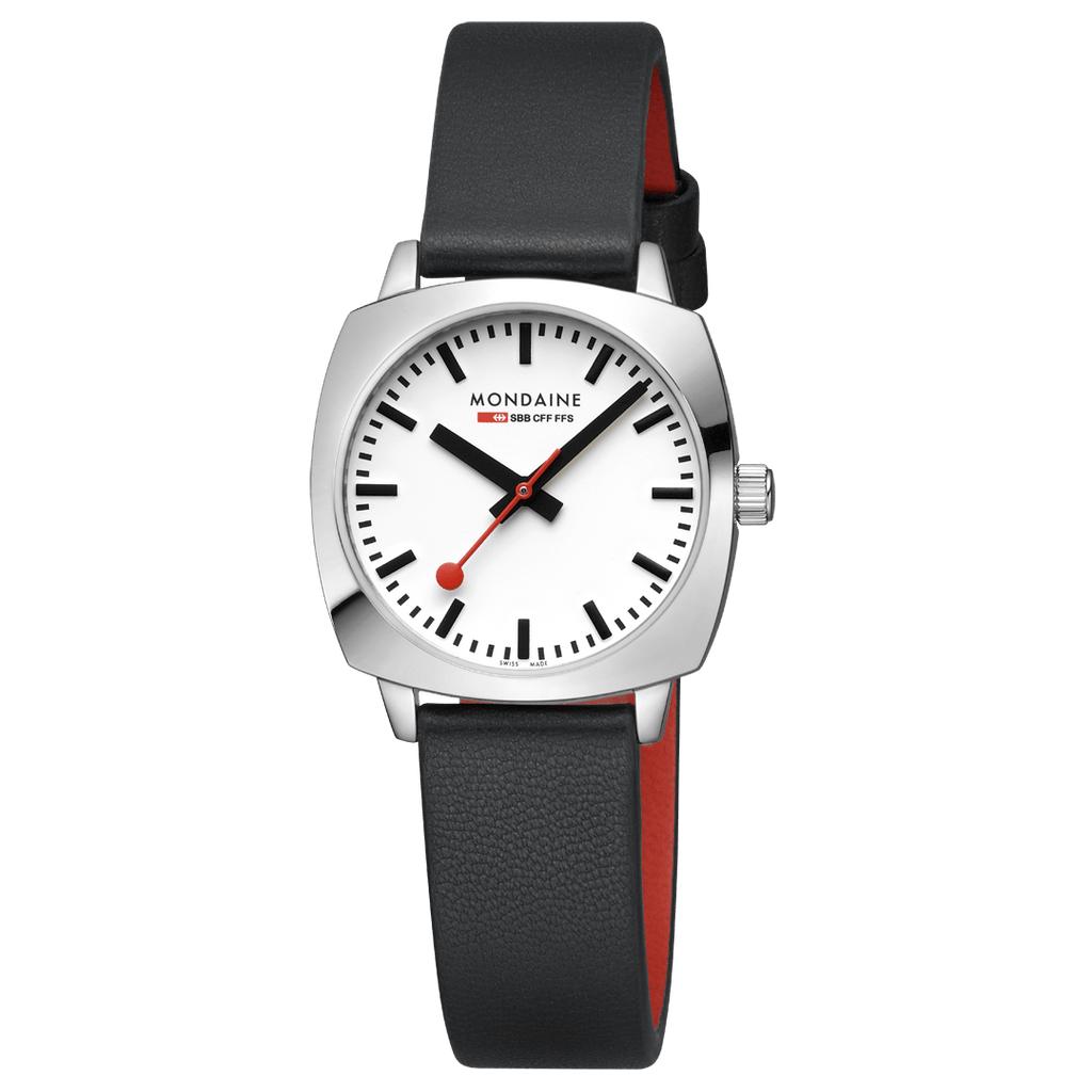 Petite Cushion, Black vegan grape leather, 31 mm – Mondaine United 
