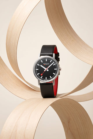 Classic Black Dial, Brushed Case, Black Vegan Grape Leather, 36 mm, watch on wooden rings