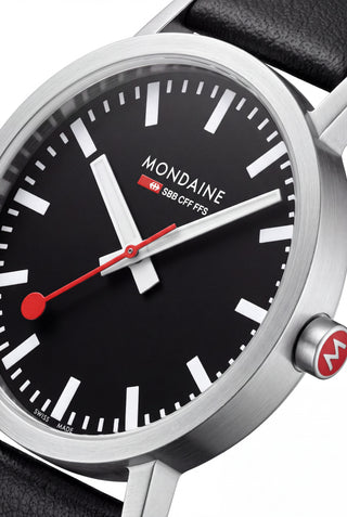 Classic Black Dial, Brushed Case, Black Vegan Grape Leather, 40 mm, Detail view of the watch dial