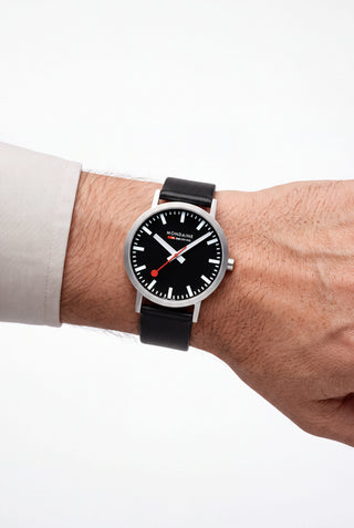 Classic Black Dial, Brushed Case, Black Vegan Grape Leather, 40 mm, Mood image with wrist watch worn