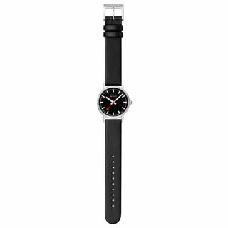 Classic Black Dial, Brushed Case, Black Vegan Grape Leather, 36 mm, full strap view
