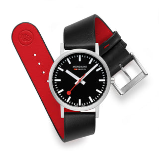 Classic Black Dial, Brushed Case, Black Vegan Grape Leather, 36 mm, strap and buckle detail
