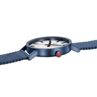 Classic, Blue Stainless Steel, 40 mm	, Side view with focus on the crown