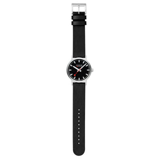 Classic Black Dial, Brushed Case, Black Vegan Grape Leather, 40 mm, Front view with strap