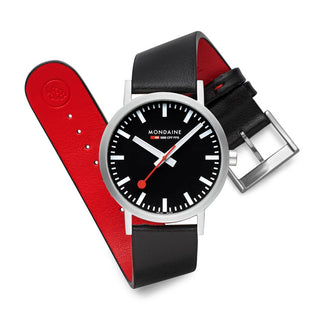 Classic Black Dial, Brushed Case, Black Vegan Grape Leather, 40 mm, strap and buckle detail