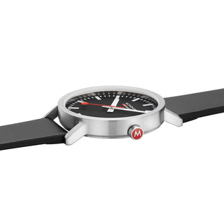 Classic Black Dial, Brushed Case, Black Vegan Grape Leather, 40 mm, Side view with focus on the crown