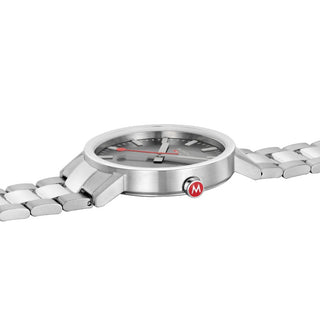 Classic, Silver Stainless Steel, 40 mm	, Side view with focus on the crown