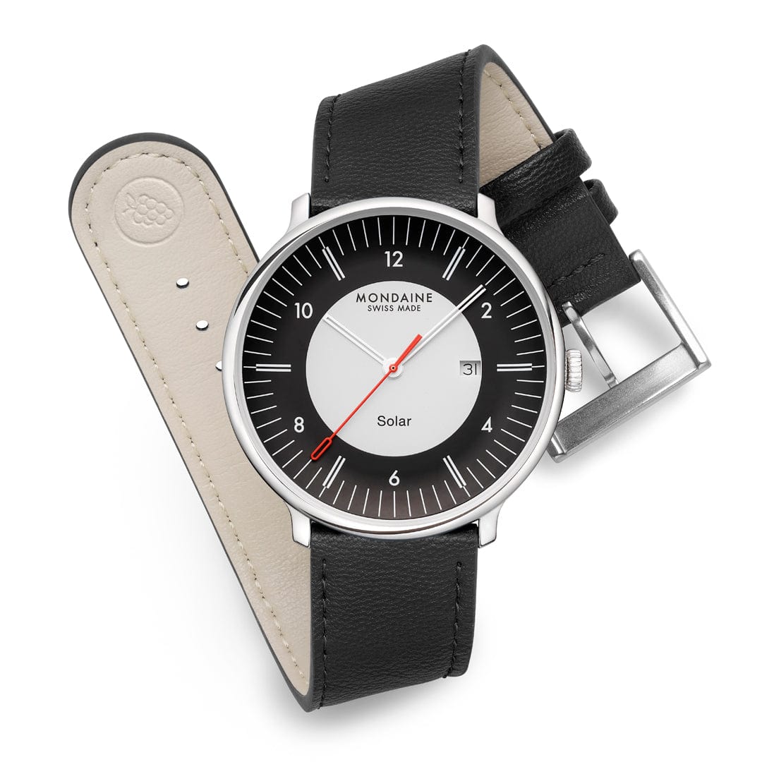 Mondaine Doppio Solar black outer ring, off-white centre and black vegan grape-leather strap