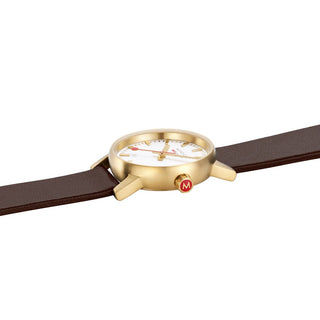 evo2, 30mm, gold toned vegan grape leather watch, MSE.30112.LGV, Side view with focus on the crown