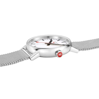 evo2 , 40 mm, stainless steel watch, MSE.40110.SM, Detail view with focus on the red crown and case