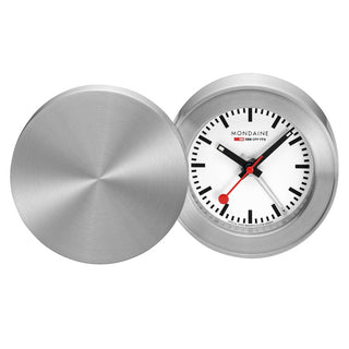 Silver Coloured Travel Alarm Clock, 5 cm	, Front view