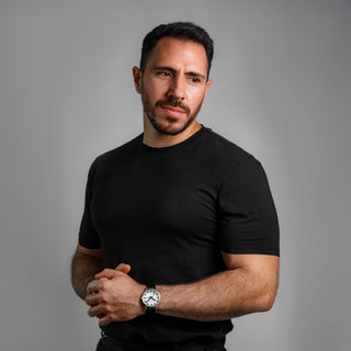 Classic, Day Date, Black Vegan Grape Leather, 40 mm	, Mood image with wrist watch worn