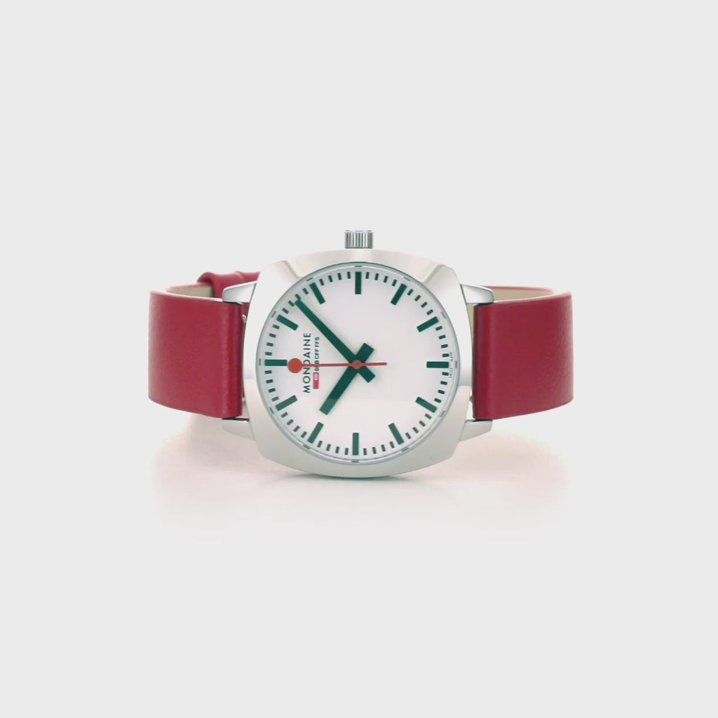 Cushion, 31MM, Red vegan grape leather Watch, MSL.31110.LCV, 360 Video of wrist watch
