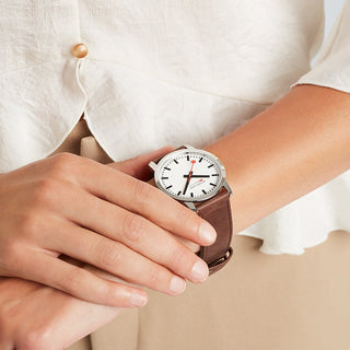 Simply Elegant, 41mm, brown leather watch, A638.30350.11SBG, Mood image with wrist watch worn