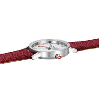 Classic, 30mm, Modern Dark Cherry Red Watch, A658.30323.17SBC1, Detail view with focus on the case and red crown
