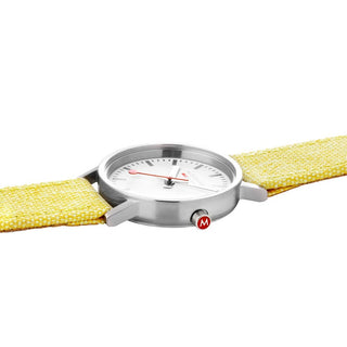 Classic, 30mm, modern yellow watch, A658.30323.17SBE, Detail view with focus on the case and the textile strap