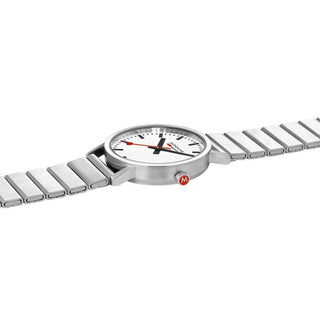Classic, 36mm, silver stainless steel watch, A660.30314.16SBJ, Detail view with focus on the red crown and the metal strap