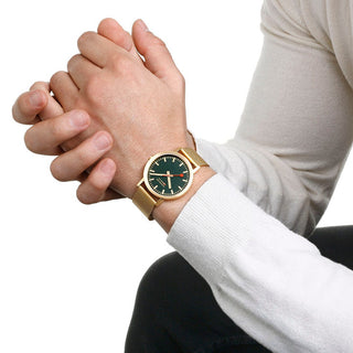 Classic, 40 mm, Forest Green Golden stainless steel Watch, A660.30314.60SBM, mood image with wrist watch worn