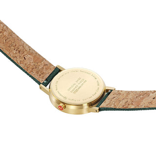 Classic, 40 mm, Forest Green golden Watch, A660.30314.60SBS, case back view with Mondaine engraving