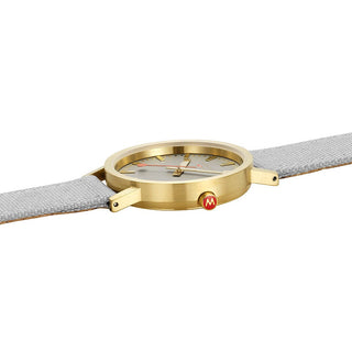 Classic, 36 mm, Good Gray Golden Watch, A660.30314.80SBU, detail view of the red crown and stainless steel mesh band