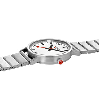 Classic, 40mm, silver stainless steel watch, A660.30360.16SBJ, Detail view with focus on the red crown and case