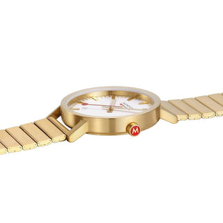 Classic, 40mm, golden stainless steel watch, A660.30360.16SBM, Detail view with focus on the red crown and metal bracelet