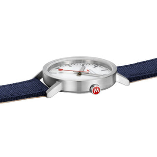 Classic, 40mm, Modern Deep Ocean Blue Watch, A660.30360.17SBD1, Detail view with focus on the case and red crown