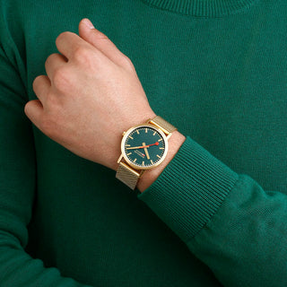 Classic, 40 mm, Forest Green Golden Stainless Steel Watch, A660.30360.60SBM, mood image with wrist watch worn