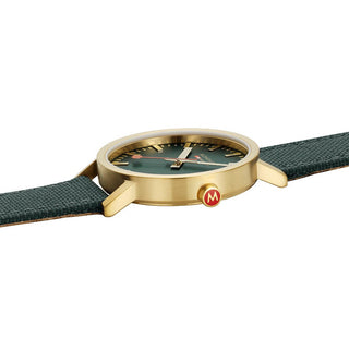 Classic, 40 mm, Forest Green Golden Watch, A660.30360.60SBS, detail view of the red crown and stainless steel mesh band