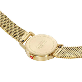 Classic, 40 mm, Good Gray Golden stainless steel Watch, A660.30360.80SBM, case back view with Mondaine engraving