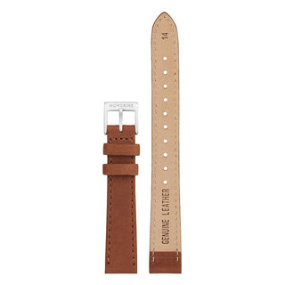 Genuine leather strap, 14mm, FEM.24314.70Q.1.K, Front and back view of the genuine leather brown strap with the stainless steel brushed buckle