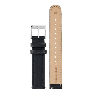 Genuine leather strap, 16mm, FEM.3116.20Q.5.K, Front and back view of the genuine leather black strap with the stainless steel polished buckle