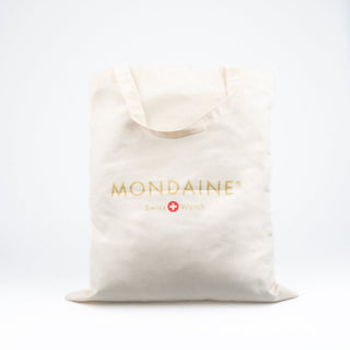 Tote Bag with golden Mondaine logo, JAC.D093, back view of the textile tote bag