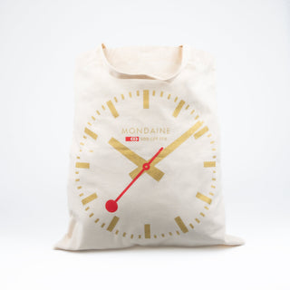 Tote Bag with golden Mondaine logo, JAC.D093, front view of the textile tote bag