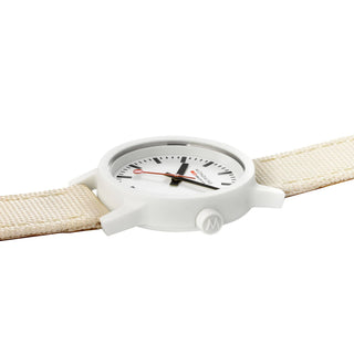 essence white, 32mm, sustainable watch for women, MS1.32111.LT, Detail view with focus on the white case and crown