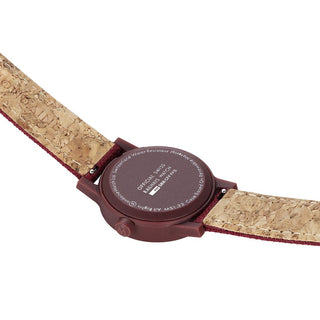 essence, 32mm, Dark Red Cherry sustainable watch, MS1.32130.LC, Case back view with SBB logo