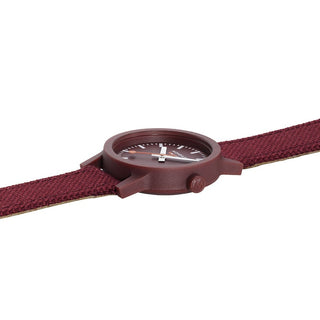 essence, 32mm, Dark Red Cherry sustainable watch, MS1.32130.LC, Side view with crown and textile strap