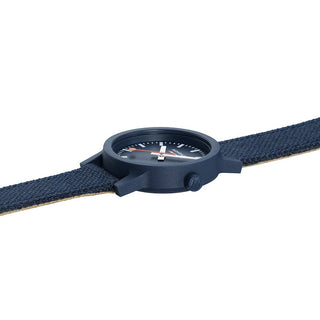 essence, 32mm, Deep Ocean Blue sustainable watch, MS1.32140.LD, Side view with crown and textile strap