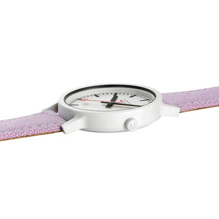 essence, 41 mm, lavander sustainable strap, MS1.41110.LQ1, Side view with focus on the white case and white crown