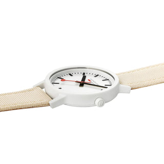 essence white, 41mm, sustainable watch for men and women, MS1.41111.LT, Detail view with focus on the white case and crown