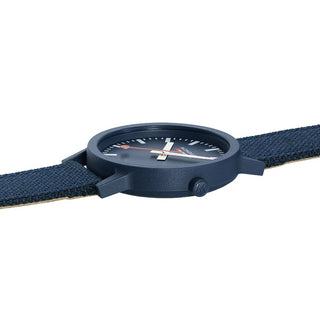 essence, 41mm, Deep Ocean Blue sustainable watch, MS1.41140.LD, Side view with crown and textile strap