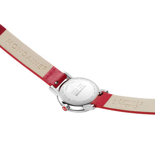 evo2, 26 mm, red vegan grape leather watch, MSE.26110.LCV, Case back view with SBB engraving