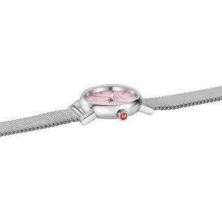 evo2, 26mm, Wild Rose Stainless Steel Watch, MSE.26130.SM, Side view with focus on the red crown