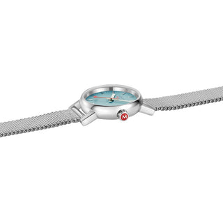 evo2, 26mm, Turquoise Lake Stainless Steel Watch, MSE.26140.SM, Side view with focus on the red crown