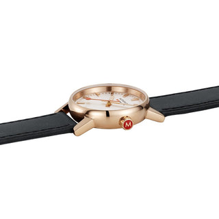evo2, 30mm, Rose Gold Toned and Black Watch, MSE.30112.LB, Side view with red crown and genuine leather strap